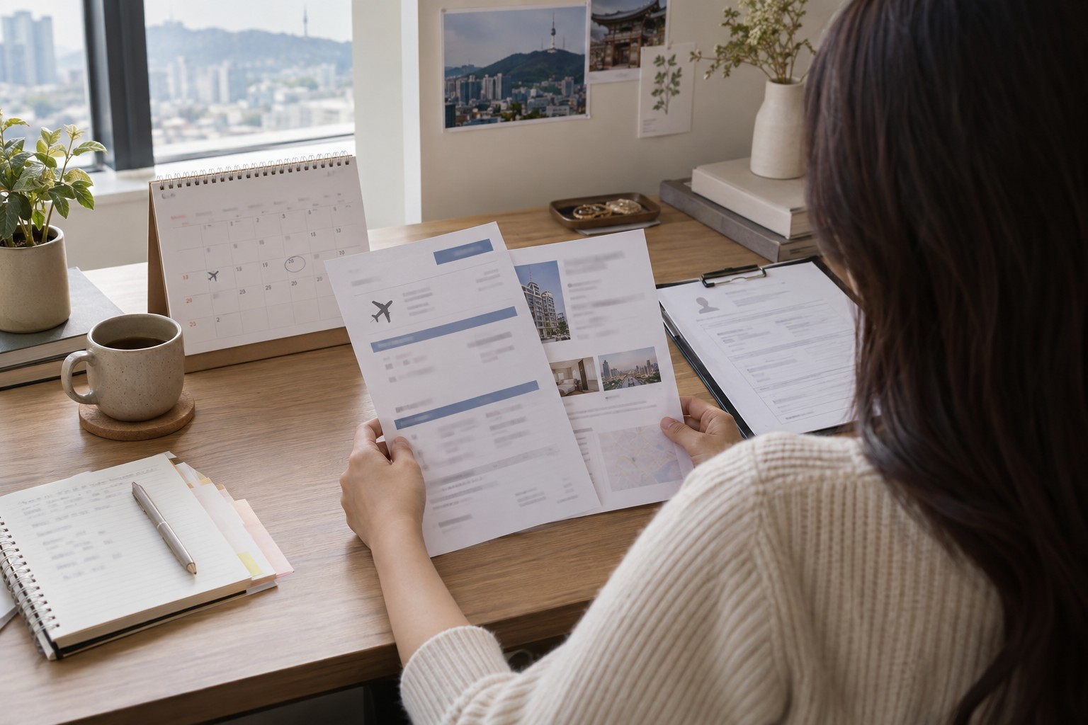 Illustrative travel calendar and accommodation documents for a Seoul surgery visit
