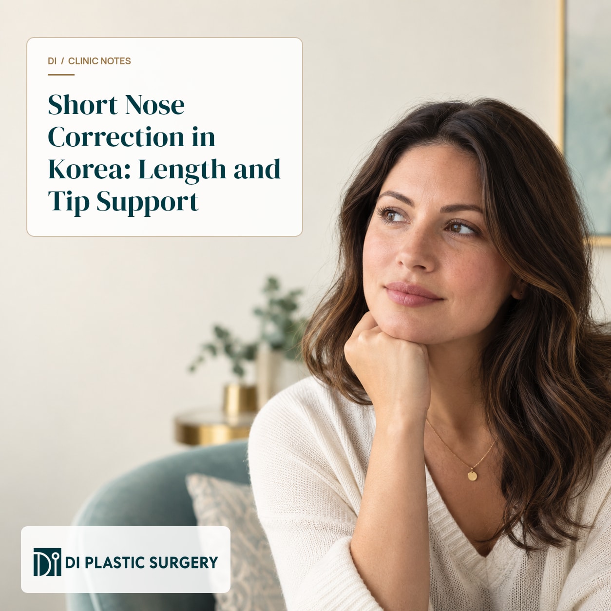 AI-generated fictional adult model accompanying short nose consultation information, not a patient or surgical result
