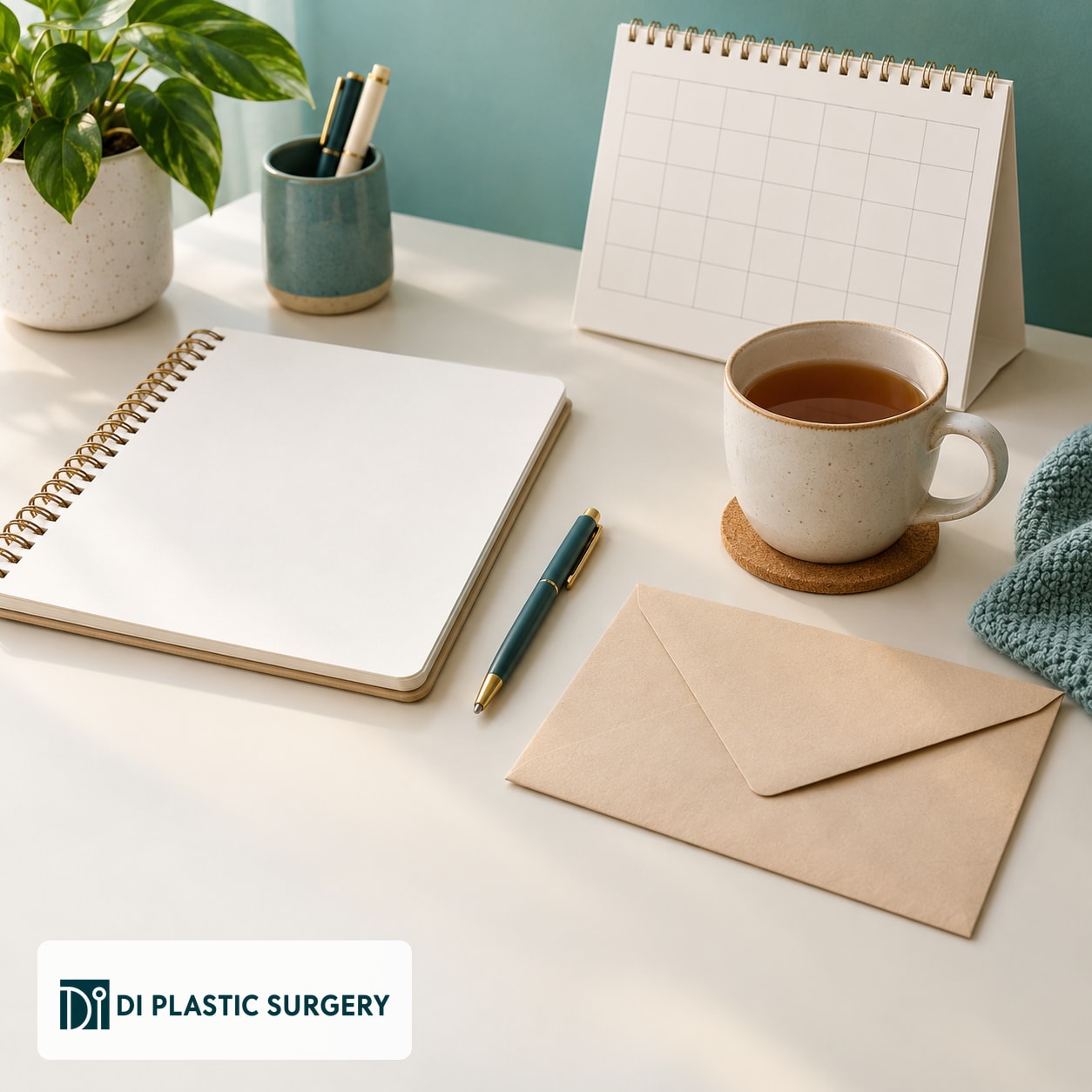 AI-generated preparation desk with a blank notebook and an envelope, without patient information