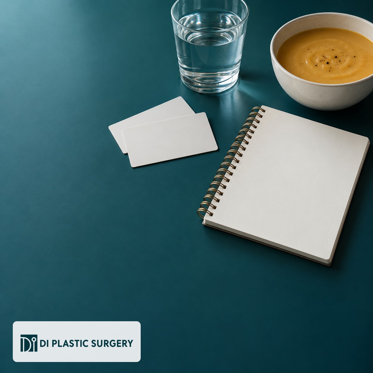 AI-generated blank notebook, appointment cards, water and plain soup in a consultation-planning still-life