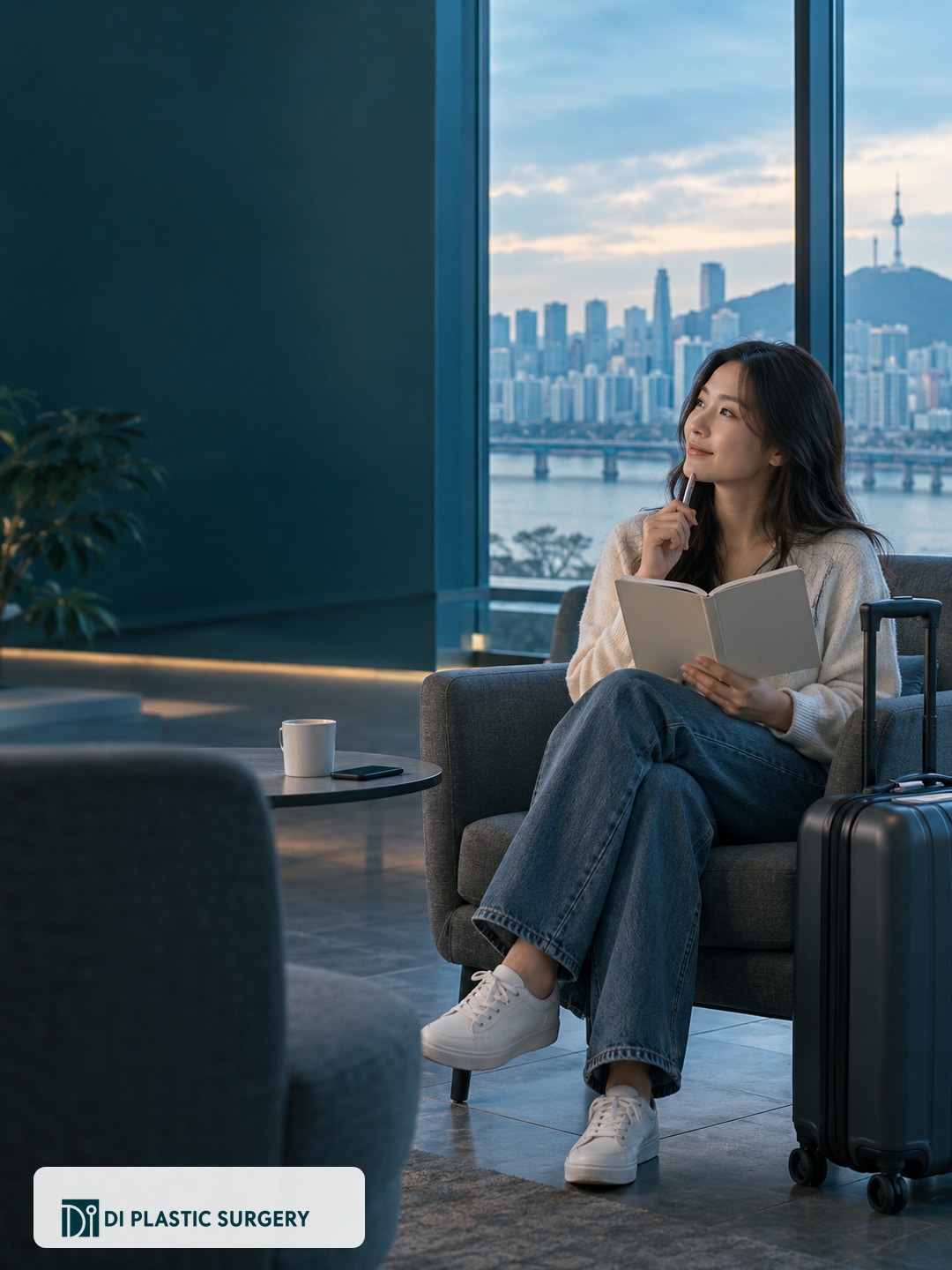 AI-generated fictional traveler with luggage and a notebook beside an illustrative Seoul city view