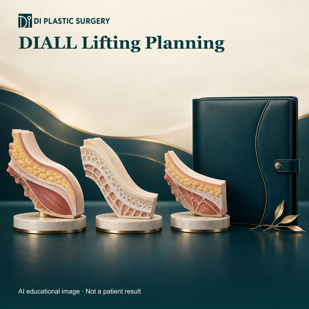 DI Plastic Surgery: diall lifting. AI-generated educational illustration, not a patient result.