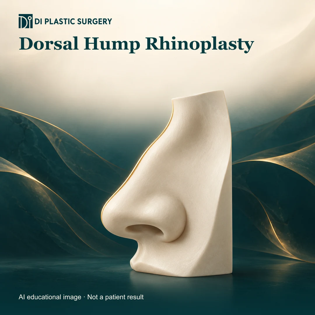 DI Plastic Surgery: dorsal hump rhinoplasty. AI-generated educational illustration, not a patient result.
