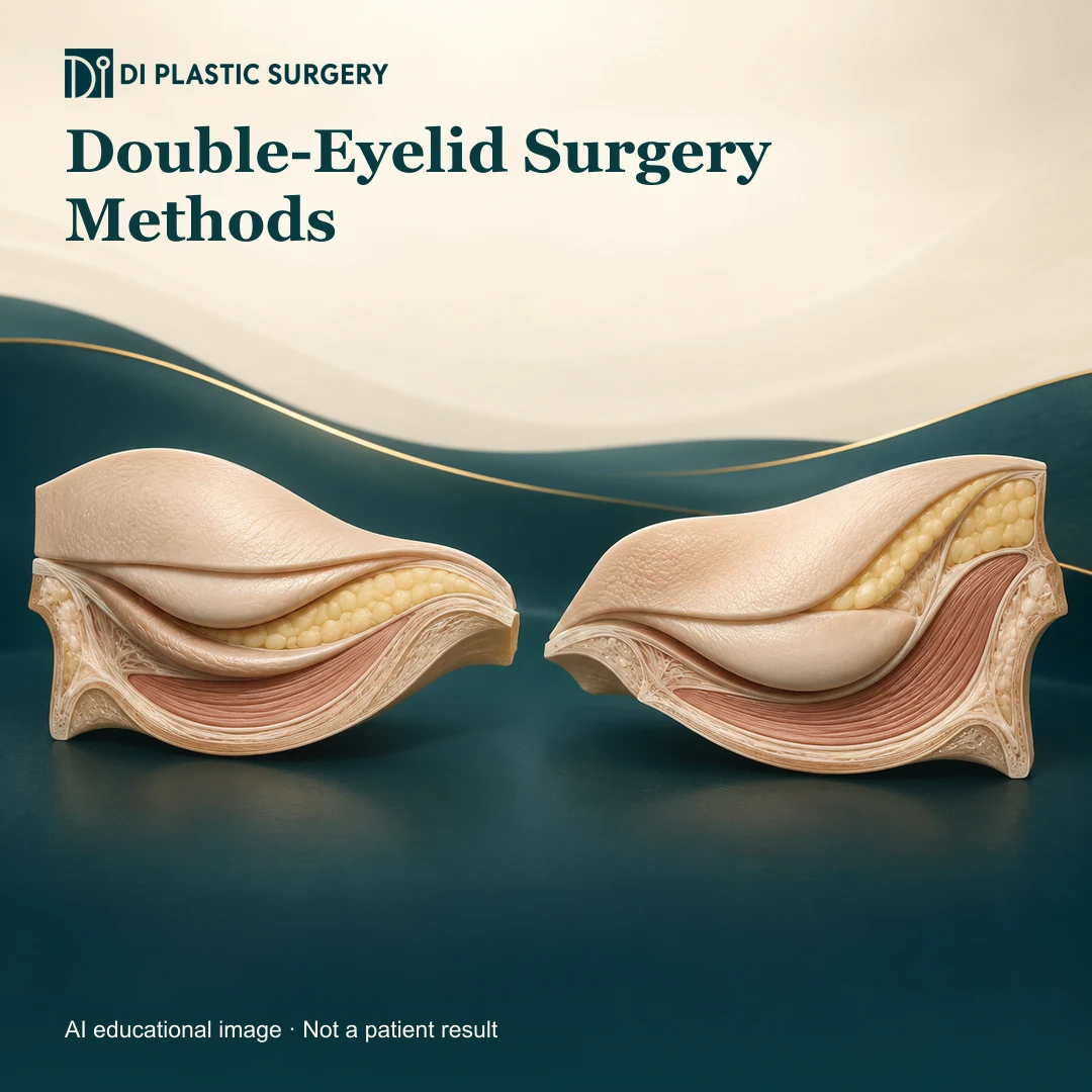 DI Plastic Surgery: double eyelid methods. AI-generated educational illustration, not a patient result.