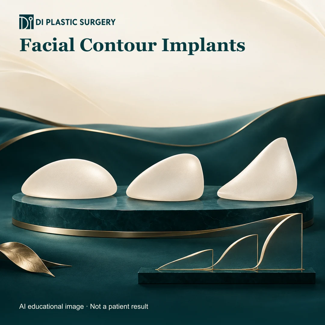 DI Plastic Surgery: facial implants. AI-generated educational illustration, not a patient result.