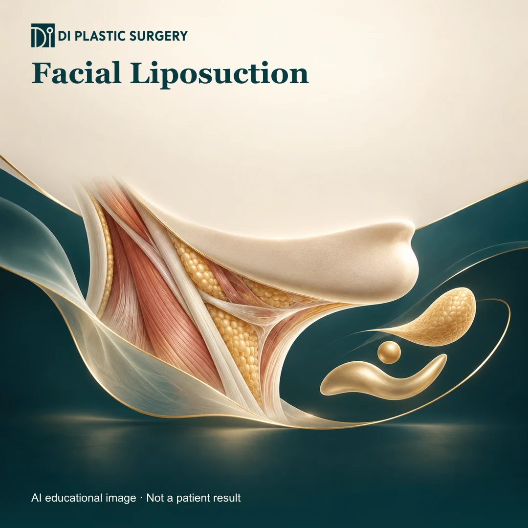 DI Plastic Surgery: facial liposuction. AI-generated educational illustration, not a patient result.