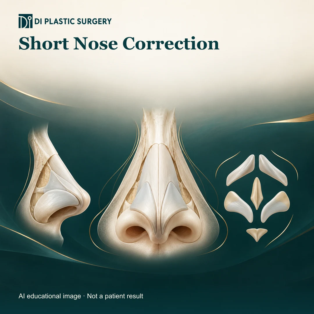 DI Plastic Surgery: short nose correction. AI-generated educational illustration, not a patient result.