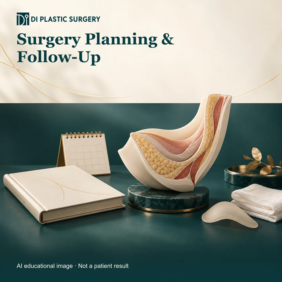 DI Plastic Surgery: surgical planning follow up. AI-generated educational illustration, not a patient result.