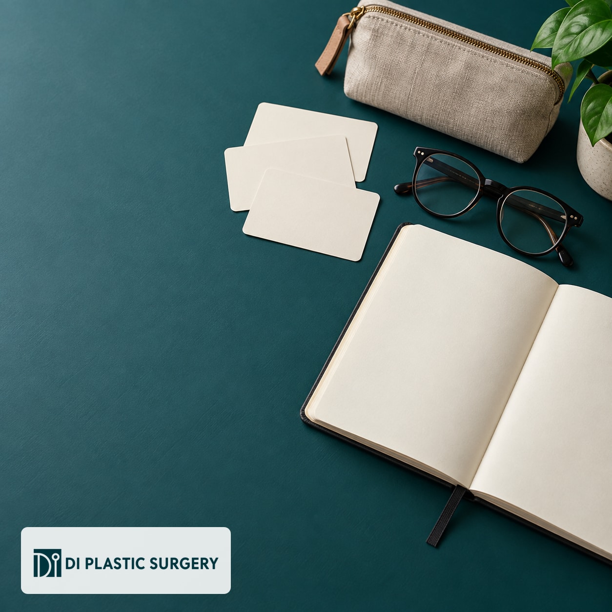 AI-generated blank notebook and consultation cards with glasses and a travel pouch