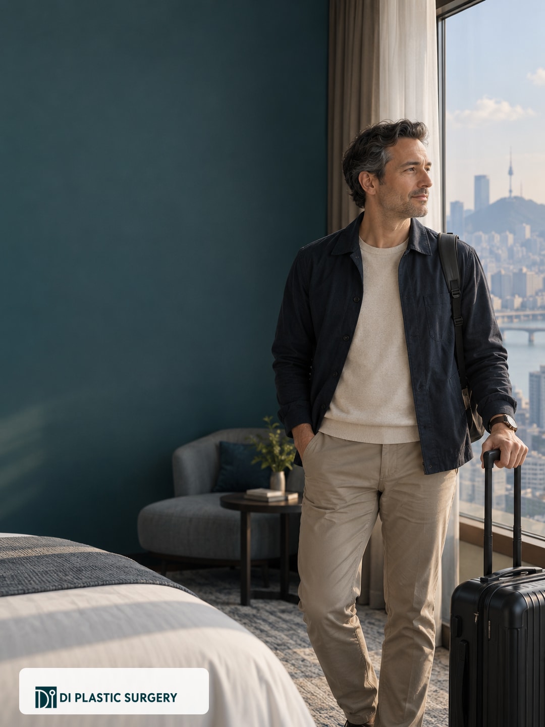 AI-generated fictional traveler in a hotel-style room with luggage and an illustrative Seoul skyline