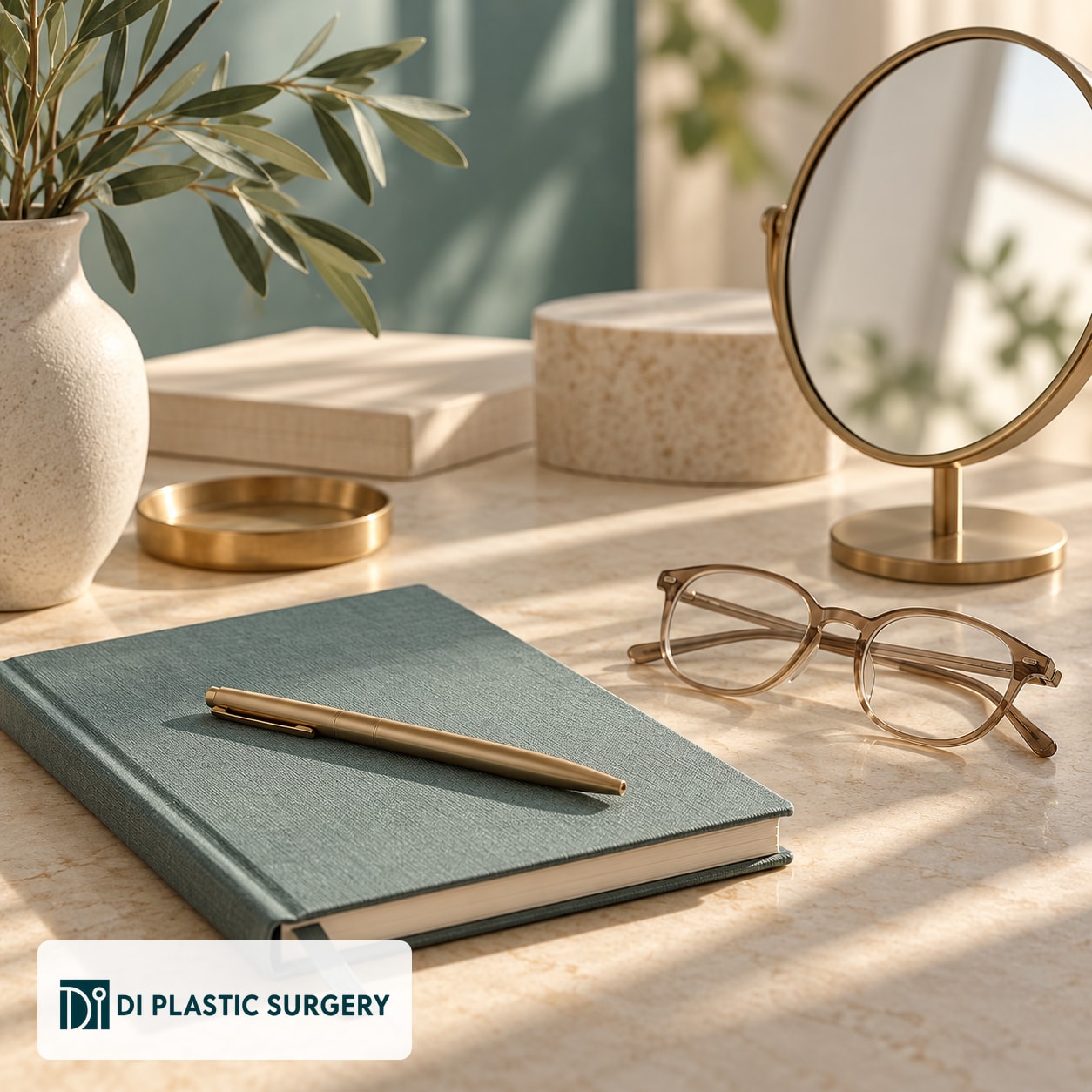 AI-generated notebook, glasses and mirror representing eyelid consultation questions, with DI logo