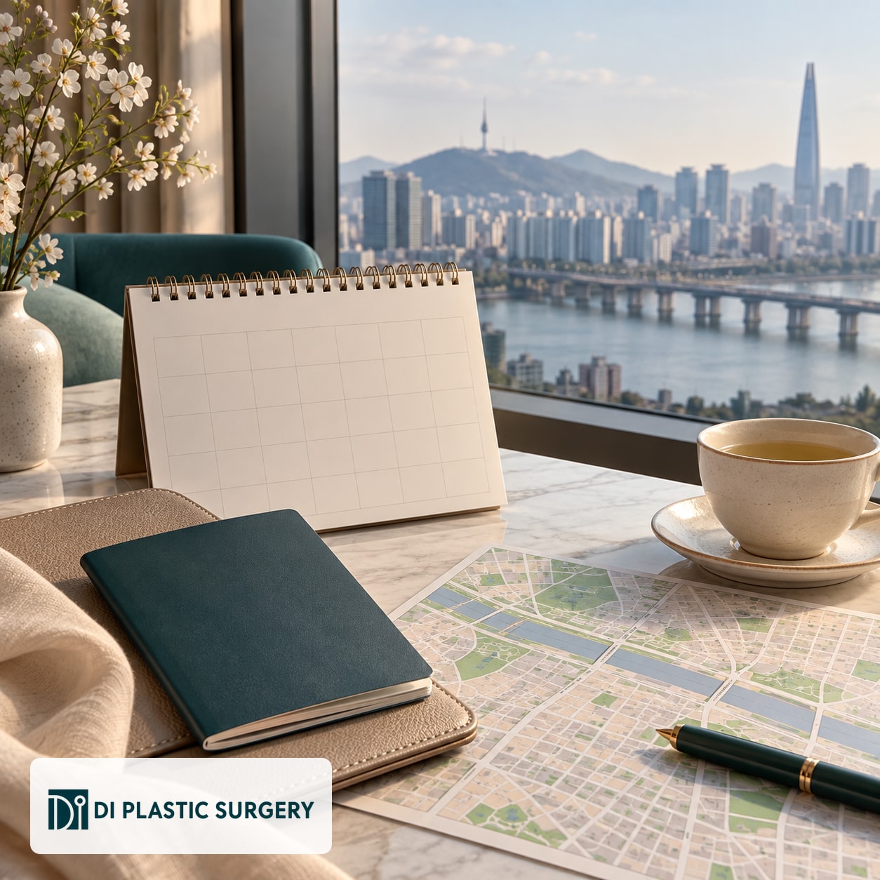 AI-generated Seoul calendar and travel-planning desk, with DI logo
