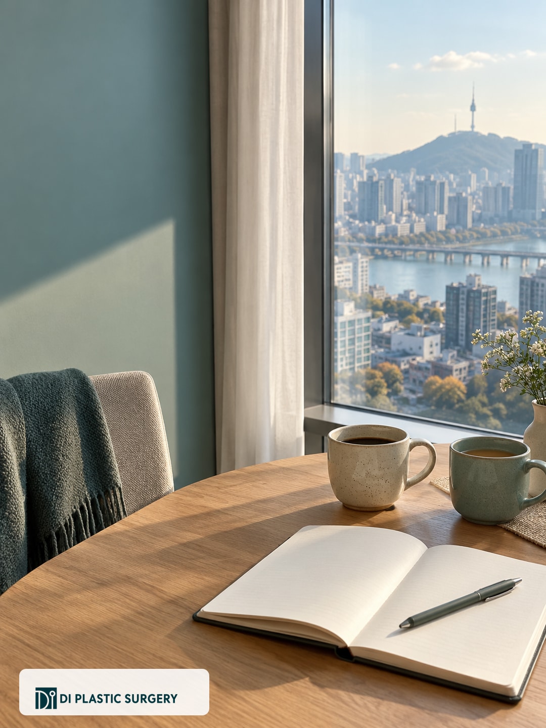 AI-generated Seoul companion-visit planning scene with two cups and a blank notebook