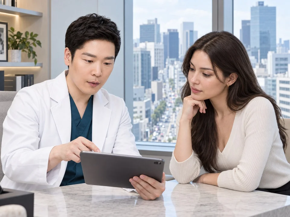 AI-generated illustration depicting Dr. Jung Yun Ik consulting a patient, with a stylized Gangnam city view