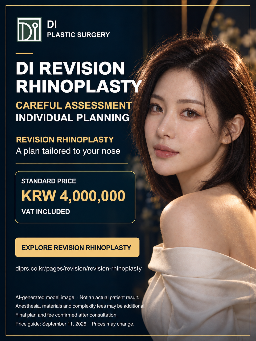 DI revision rhinoplasty advertisement: standard price KRW 4,000,000 including VAT, featuring an AI-generated female model.