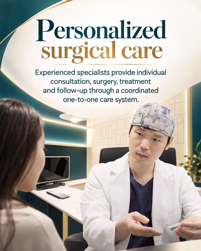 Personalized surgical care. Experienced specialists provide individual consultation, surgery, treatment. and follow-up through a coordinated one-to-one care system.