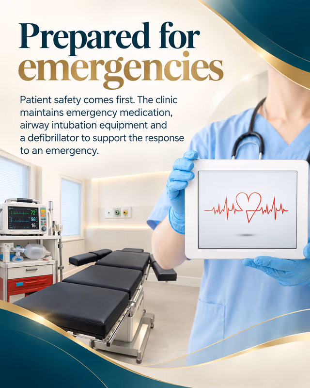 Prepared for emergencies. Patient safety comes first. The clinic maintains emergency medication,. airway intubation equipment and a defibrillator. to support the response to an emergency.