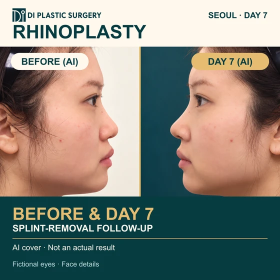 Rhinoplasty before and day-seven follow-up: AI-generated illustrative cover with fictional eyes and completed face details. Not an actual clinical photo or result. Early follow-up is not final; individual results vary.