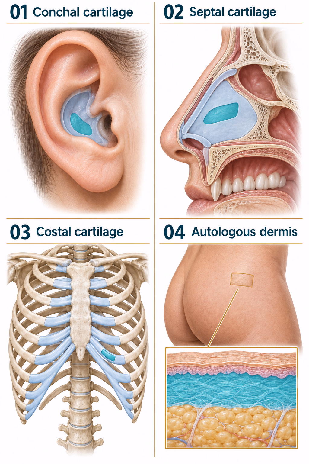 01 Conchal cartilage in the ear bowl. 02 Internal septal cartilage. 03 Anterior costal cartilage near the sternum. 04 A skin donor area with the dermal layer shown in cross-section.