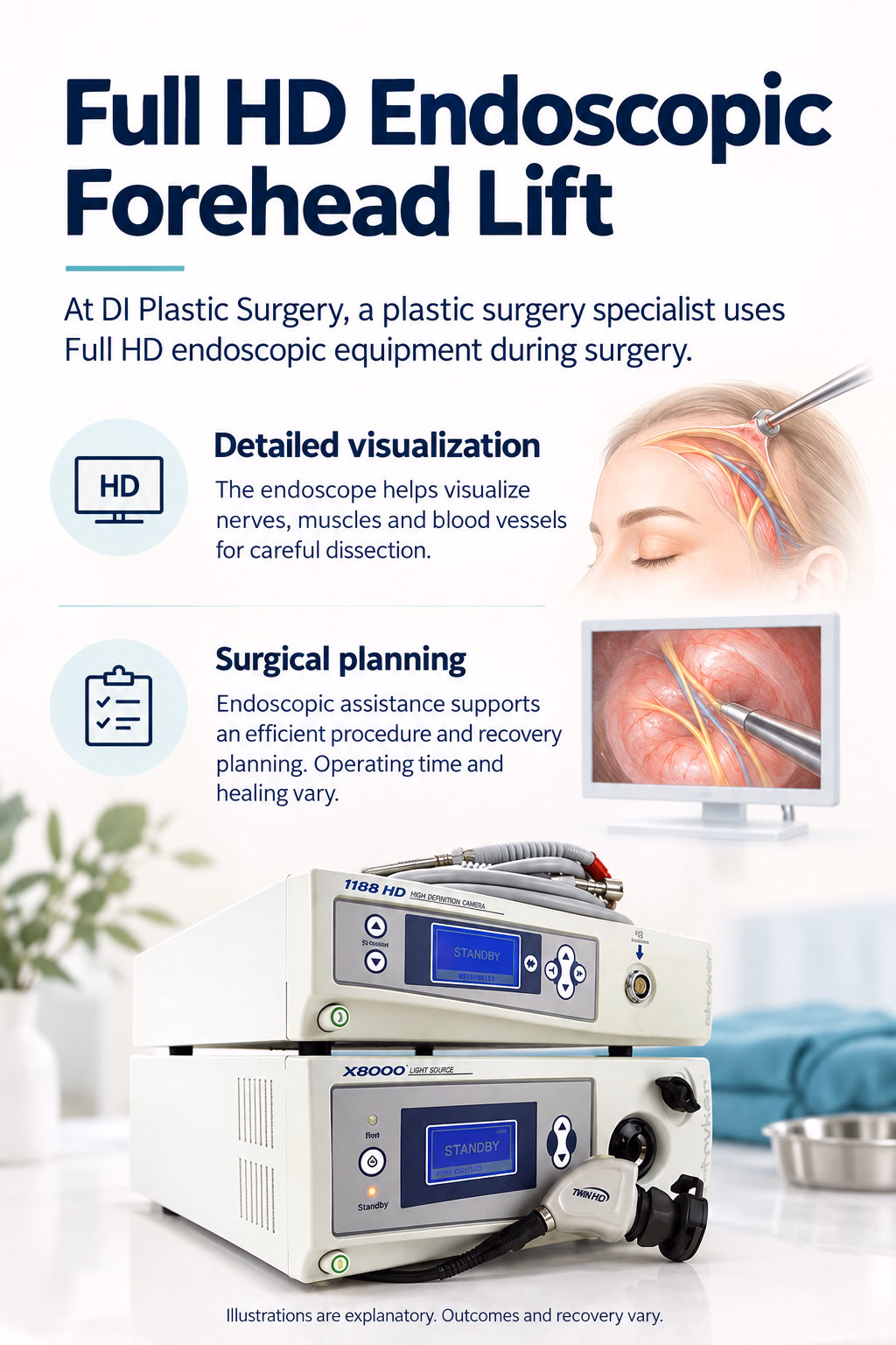 Full HD Endoscopic
Forehead Lift
At DI Plastic Surgery, a plastic surgery specialist uses Full HD endoscopic equipment during surgery.
Detailed visualization
The endoscope helps visualize nerves, muscles and blood vessels for careful dissection.
Surgical planning
Endoscopic assistance supports an efficient procedure and recovery planning. Operating time and healing vary.
Illustrations are explanatory. Outcomes and recovery vary.