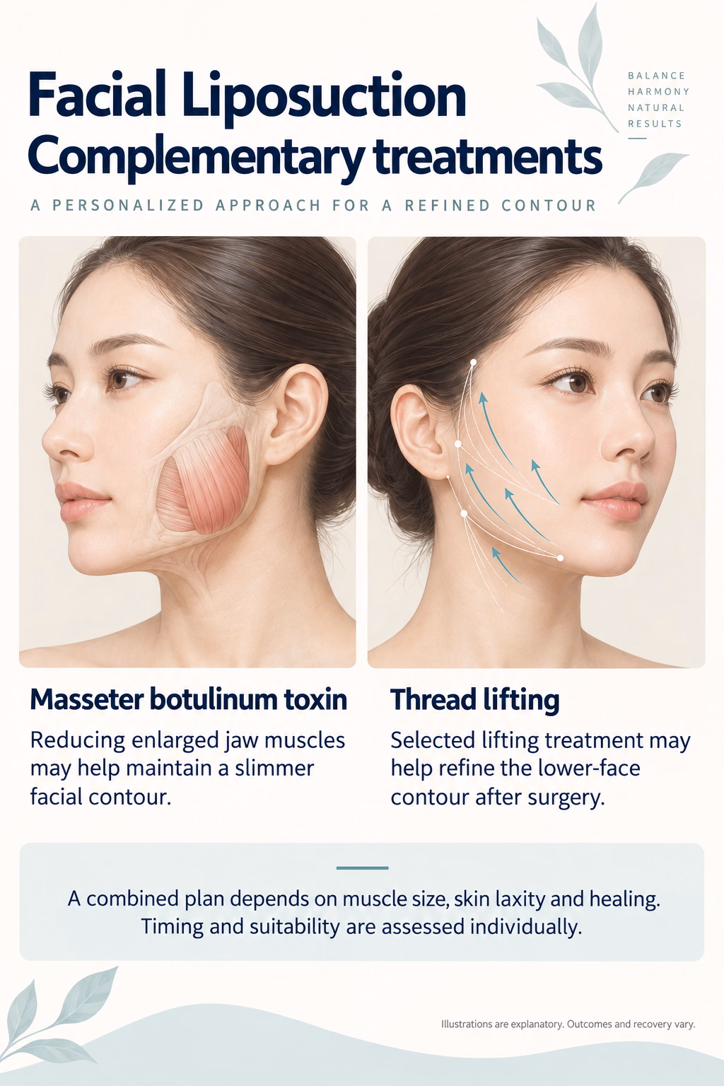 Facial Liposuction
Complementary treatments
Masseter botulinum toxin
Reducing enlarged jaw muscles may help maintain a slimmer facial contour.
Thread lifting
Selected lifting treatment may help refine the lower-face contour after surgery.
A combined plan depends on muscle size, skin laxity and healing. Timing and suitability are assessed individually.
Illustrations are explanatory. Outcomes and recovery vary.