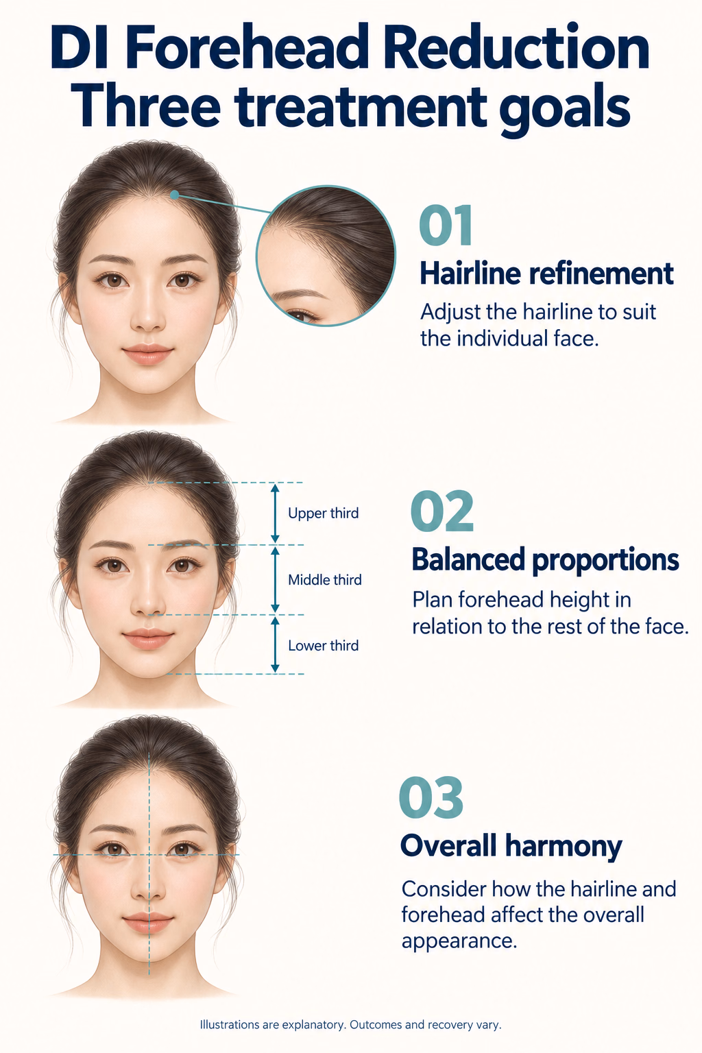 DI Forehead Reduction
Three treatment goals
01  Hairline refinement
Adjust the hairline to suit the individual face.
02  Balanced proportions
Plan forehead height in relation to the rest of the face.
03  Overall harmony
Consider how the hairline and forehead affect the overall appearance.
Illustrations are explanatory. Outcomes and recovery vary.