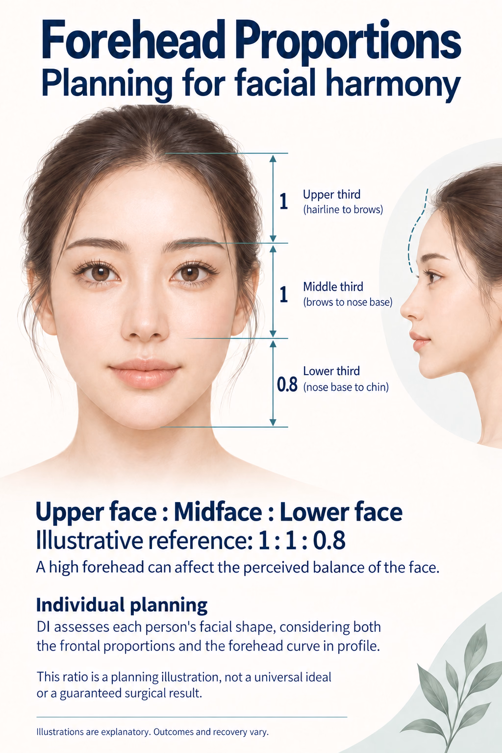 Forehead Proportions
Planning for facial harmony
Upper face : Midface : Lower face
Illustrative reference: 1 : 1 : 0.8
A high forehead can affect the perceived balance of the face.
Individual planning
DI assesses each person's facial shape, considering both the frontal proportions and the forehead curve in profile.
This ratio is a planning illustration, not a universal ideal or a guaranteed surgical result.
Diagram labels: Upper third (hairline to brows), Middle third (brows to nose base), Lower third (nose base to chin).
Illustrations are explanatory. Outcomes and recovery vary.
