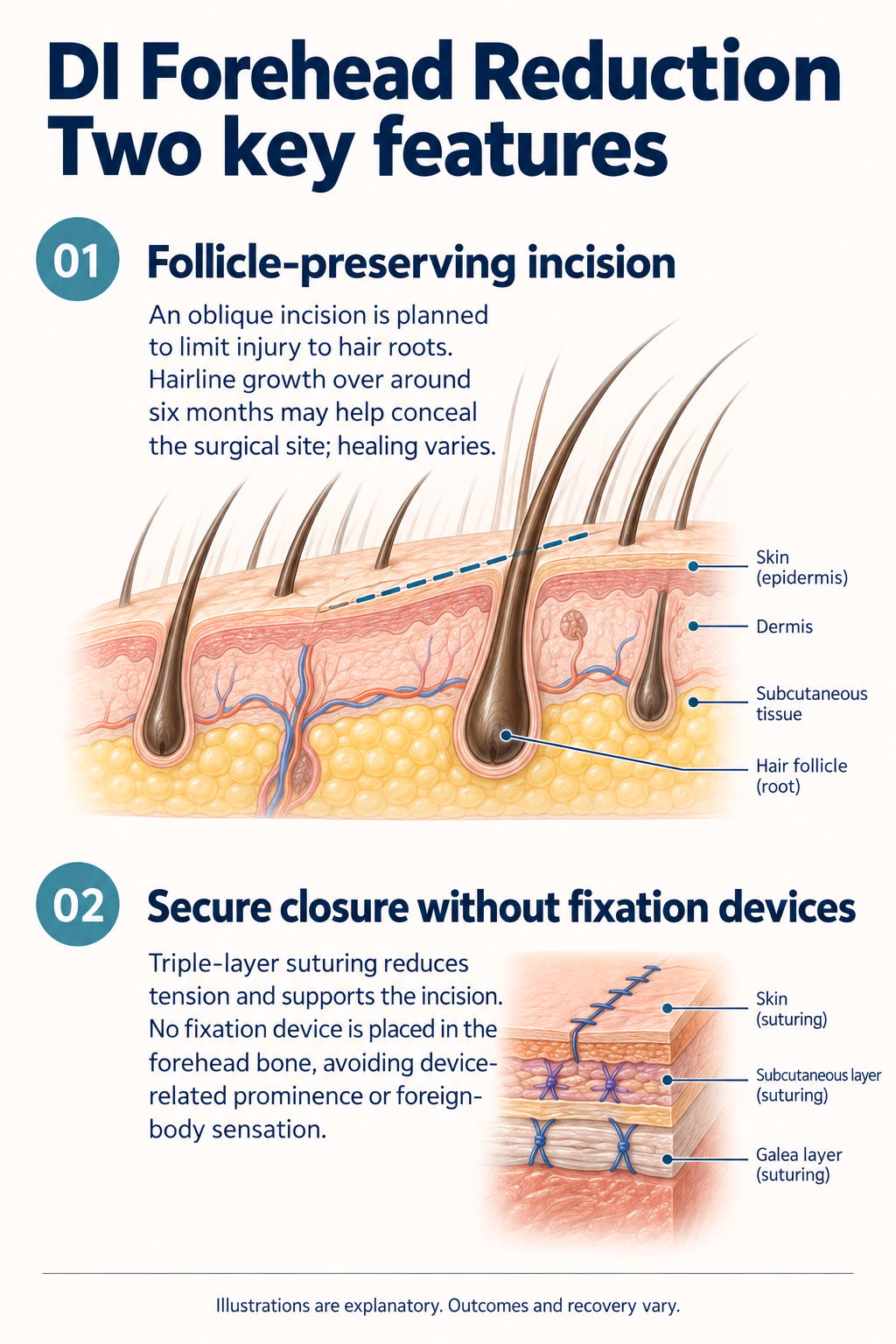 DI Forehead Reduction
Two key features
01  Follicle-preserving incision
An oblique incision is planned to limit injury to hair roots. Hairline growth over around six months may help conceal the surgical site; healing varies.
02  Secure closure without fixation devices
Triple-layer suturing reduces tension and supports the incision. No fixation device is placed in the forehead bone, avoiding device-related prominence or foreign-body sensation.
Illustrations are explanatory. Outcomes and recovery vary.