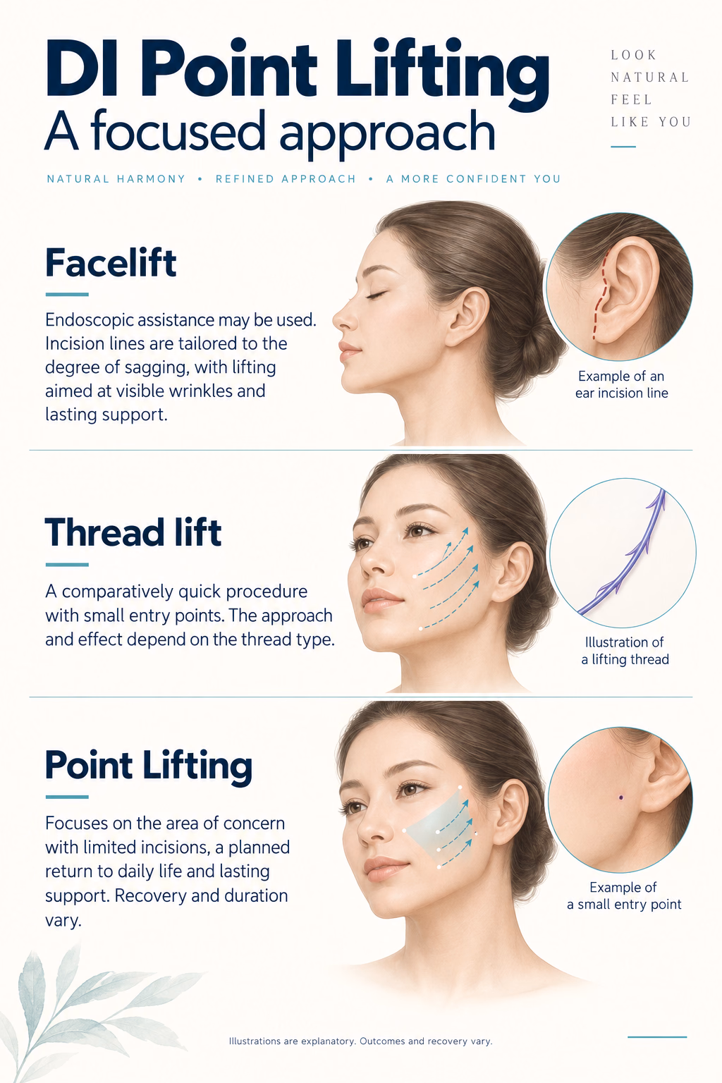 DI Point Lifting
A focused approach
Facelift
Endoscopic assistance may be used. Incision lines are tailored to the degree of sagging, with lifting aimed at visible wrinkles and lasting support.
Thread lift
A comparatively quick procedure with small entry points. The approach and effect depend on the thread type.
Point Lifting
Focuses on the area of concern with limited incisions, a planned return to daily life and lasting support. Recovery and duration vary.
Illustrations are explanatory. Outcomes and recovery vary.
