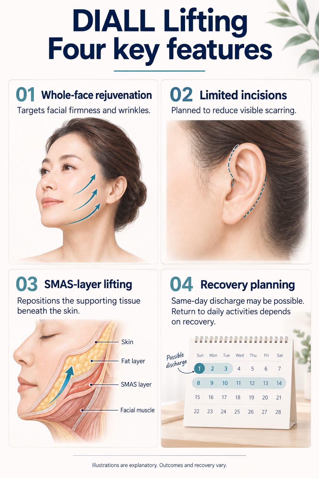 DIALL Lifting
Four key features
01  Whole-face rejuvenation
Targets facial firmness and wrinkles.
02  Limited incisions
Planned to reduce visible scarring.
03  SMAS-layer lifting
Repositions the supporting tissue beneath the skin.
04  Recovery planning
Same-day discharge may be possible. Return to daily activities depends on recovery.
Illustrations are explanatory. Outcomes and recovery vary.