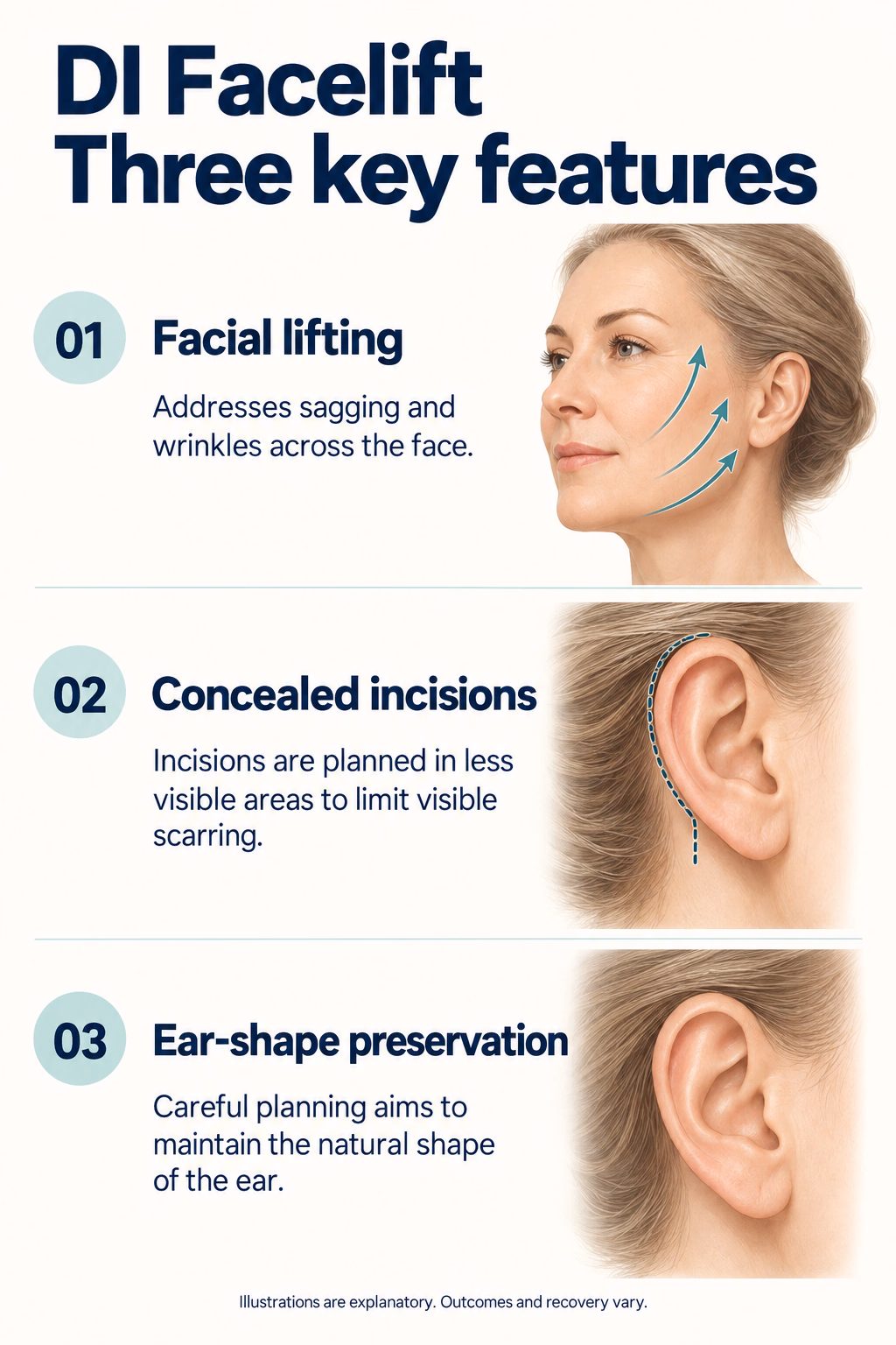 DI Facelift
Three key features
01  Facial lifting
Addresses sagging and wrinkles across the face.
02  Concealed incisions
Incisions are planned in less visible areas to limit visible scarring.
03  Ear-shape preservation
Careful planning aims to maintain the natural shape of the ear.
Illustrations are explanatory. Outcomes and recovery vary.