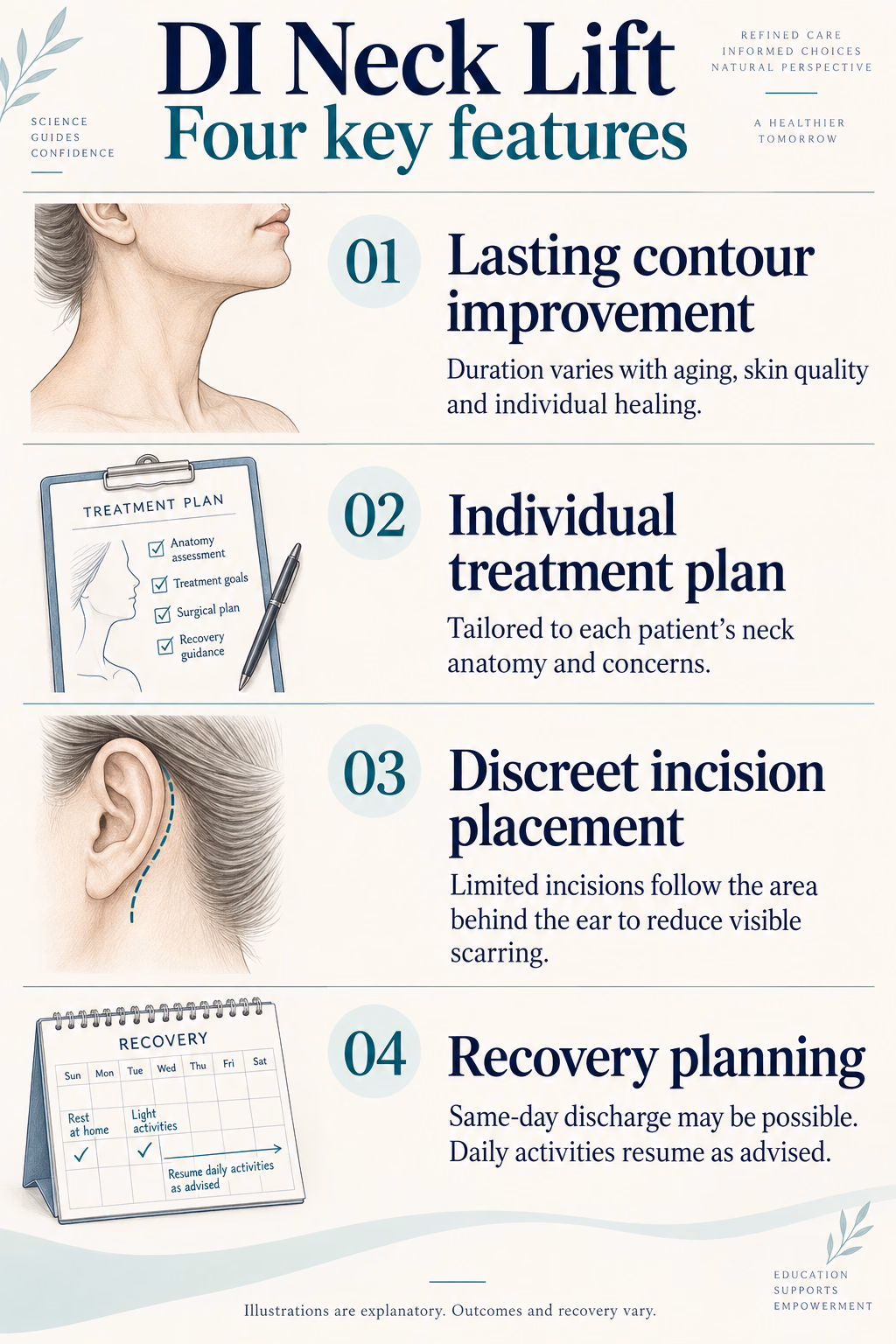 DI Neck Lift
Four key features
01  Lasting contour improvement
Duration varies with aging, skin quality and individual healing.
02  Individual treatment plan
Tailored to each patient's neck anatomy and concerns.
03  Discreet incision placement
Limited incisions follow the area behind the ear to reduce visible scarring.
04  Recovery planning
Same-day discharge may be possible. Daily activities resume as advised.
Illustrations are explanatory. Outcomes and recovery vary.