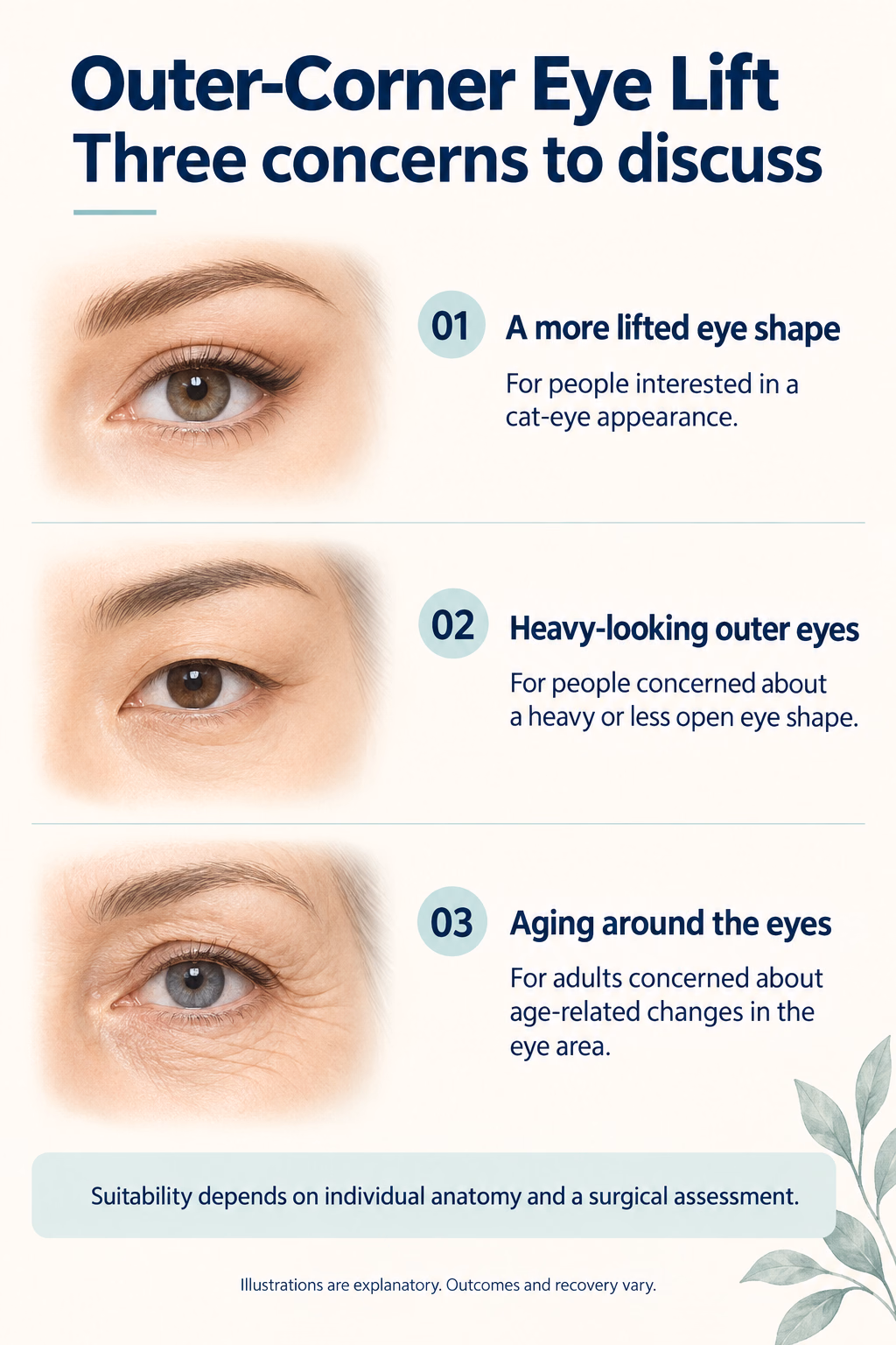 Outer-Corner Eye Lift
Three concerns to discuss
01  A more lifted eye shape
For people interested in a cat-eye appearance.
02  Heavy-looking outer eyes
For people concerned about a heavy or less open eye shape.
03  Aging around the eyes
For adults concerned about age-related changes in the eye area.
Suitability depends on individual anatomy and a surgical assessment.
Illustrations are explanatory. Outcomes and recovery vary.