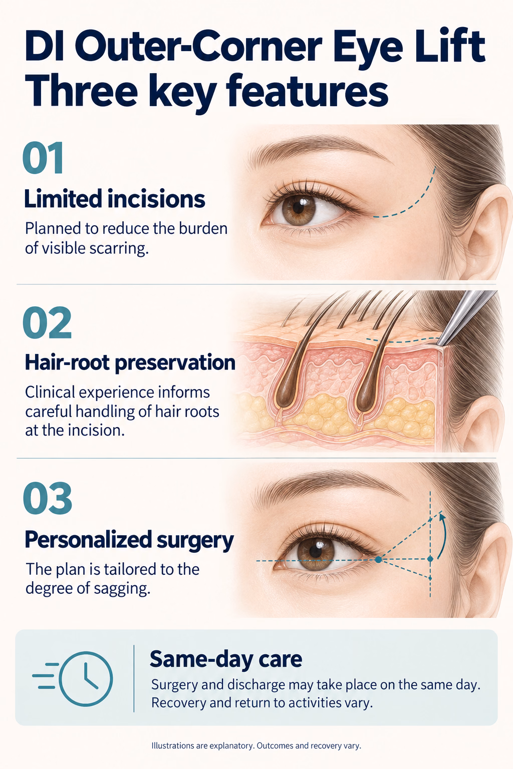 DI Outer-Corner Eye Lift
Three key features
01  Limited incisions
Planned to reduce the burden of visible scarring.
02  Hair-root preservation
Clinical experience informs careful handling of hair roots at the incision.
03  Personalized surgery
The plan is tailored to the degree of sagging.
Same-day care
Surgery and discharge may take place on the same day. Recovery and return to activities vary.
Illustrations are explanatory. Outcomes and recovery vary.