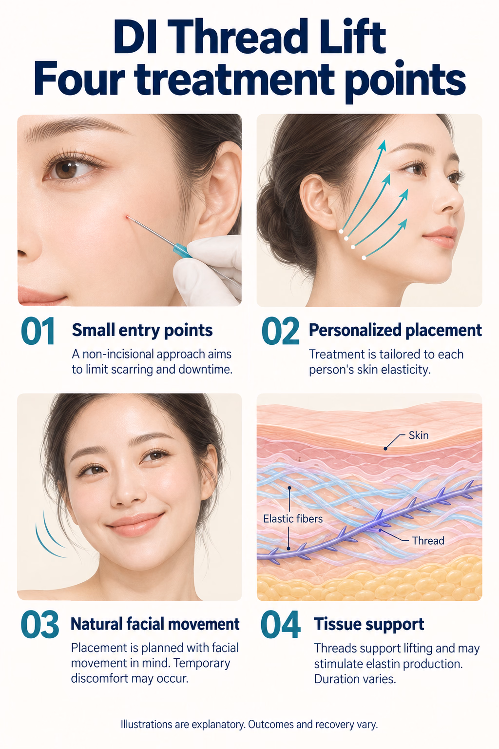 DI Thread Lift
Four treatment points
01  Small entry points
A non-incisional approach aims to limit scarring and downtime.
02  Personalized placement
Treatment is tailored to each person's skin elasticity.
03  Natural facial movement
Placement is planned with facial movement in mind. Temporary discomfort may occur.
04  Tissue support
Threads support lifting and may stimulate elastin production. Duration varies.
Illustrations are explanatory. Outcomes and recovery vary.