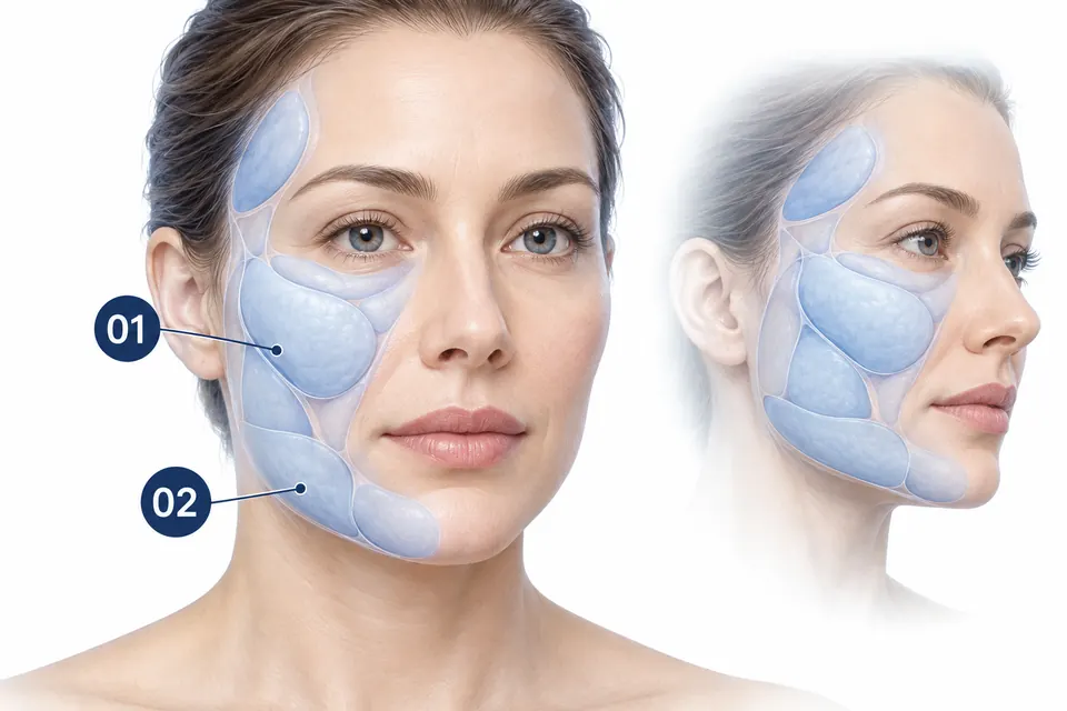 ปรับรูปหน้าด้วยวัสดุเสริม · บริเวณไขมันแก้ม / บริเวณไขมันส่วนล่างของใบหน้า · ภาพอธิบายเพื่อการเรียนรู้ที่สร้างด้วย AI