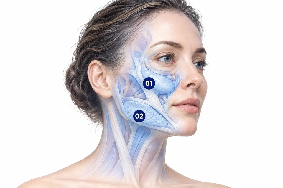SUV Lifting · Midface support / Lower-face support · AI-generated educational illustration